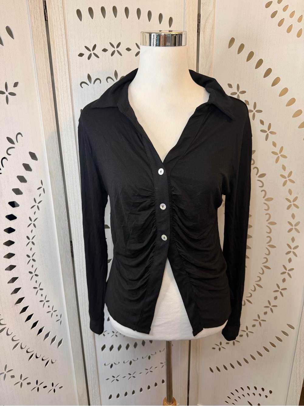 Black Ruched Button-Front Women's Top